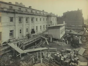 building with wood planks and large blocks outside