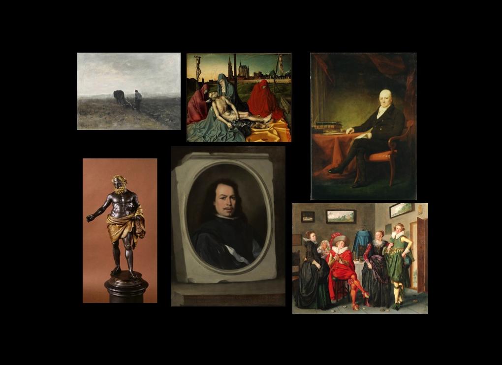 slide of five paintings and one sculpture including a plough scene, the deposition of Jesus, portait of man, bronze sculpture of half nude man, self-portrait of Bartolome Esteban Murillo, and painting of group around table